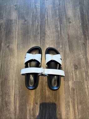 Zara White and Black Double-Strap Slide Sandals